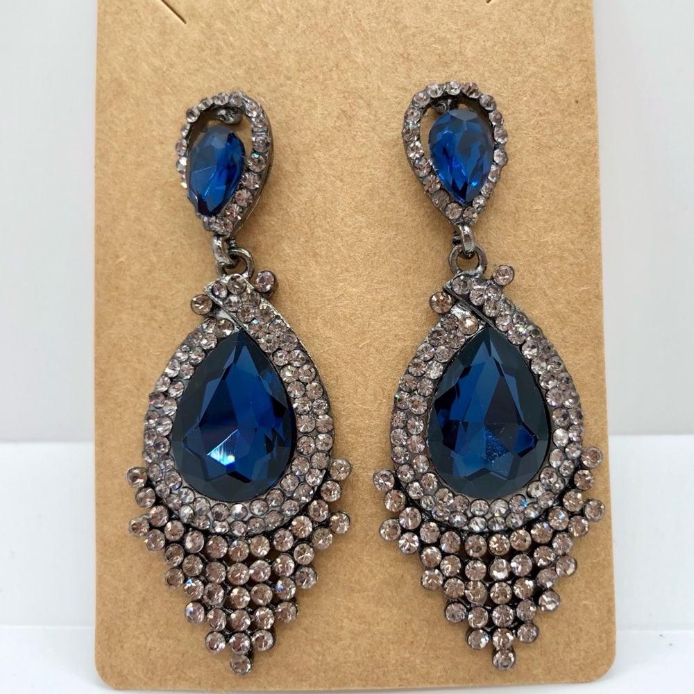 Charcoal Gray & Blue Crystal Chandelier Earrings - Picture 3 of 8